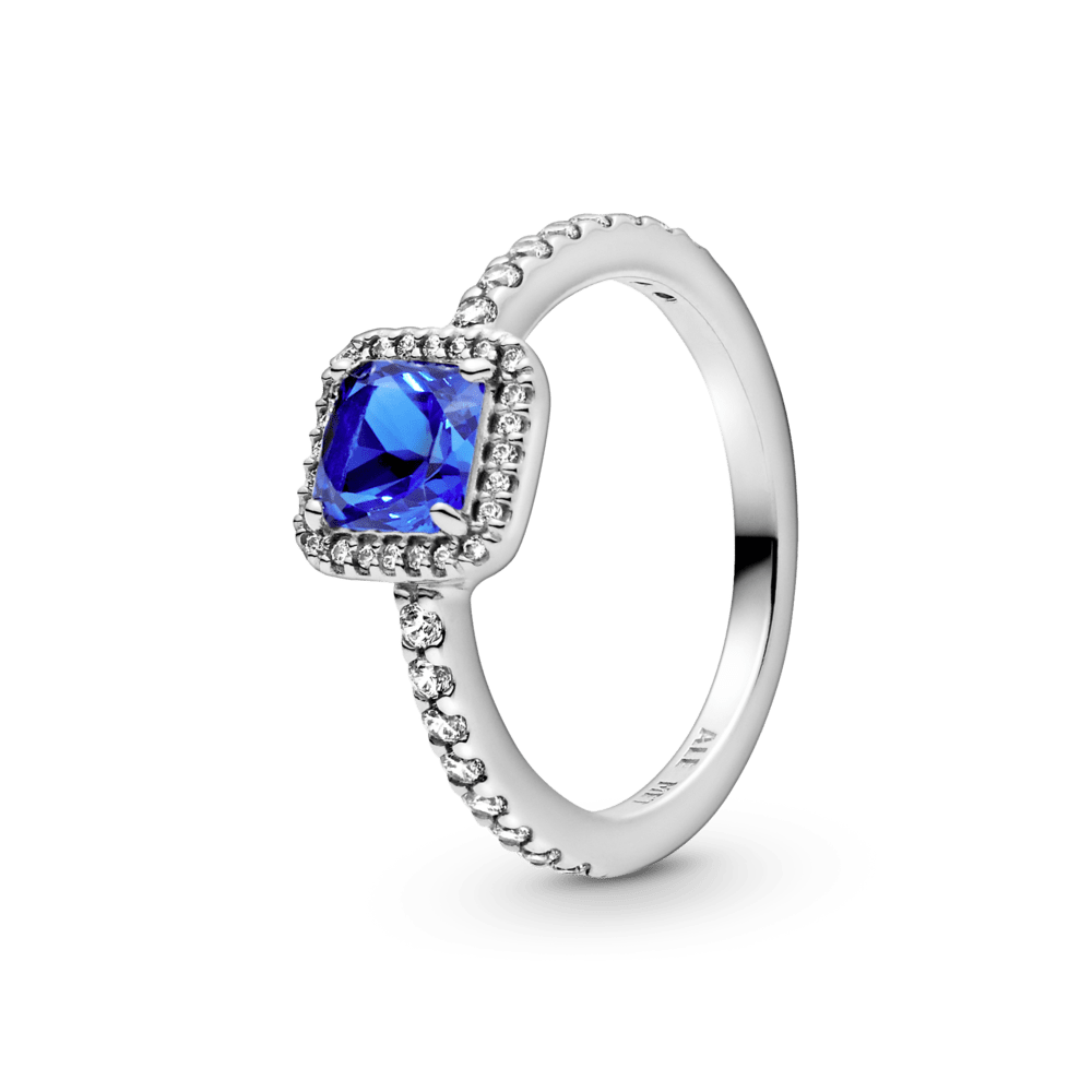 Anillo Cuadrado Azul con Halo Brillante Pandora Plata Esterlina