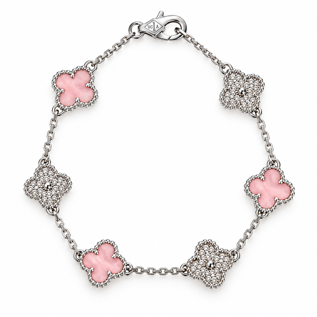 Pulsera Van Cleef Rosado Claro Plateado Treboles Pequeños