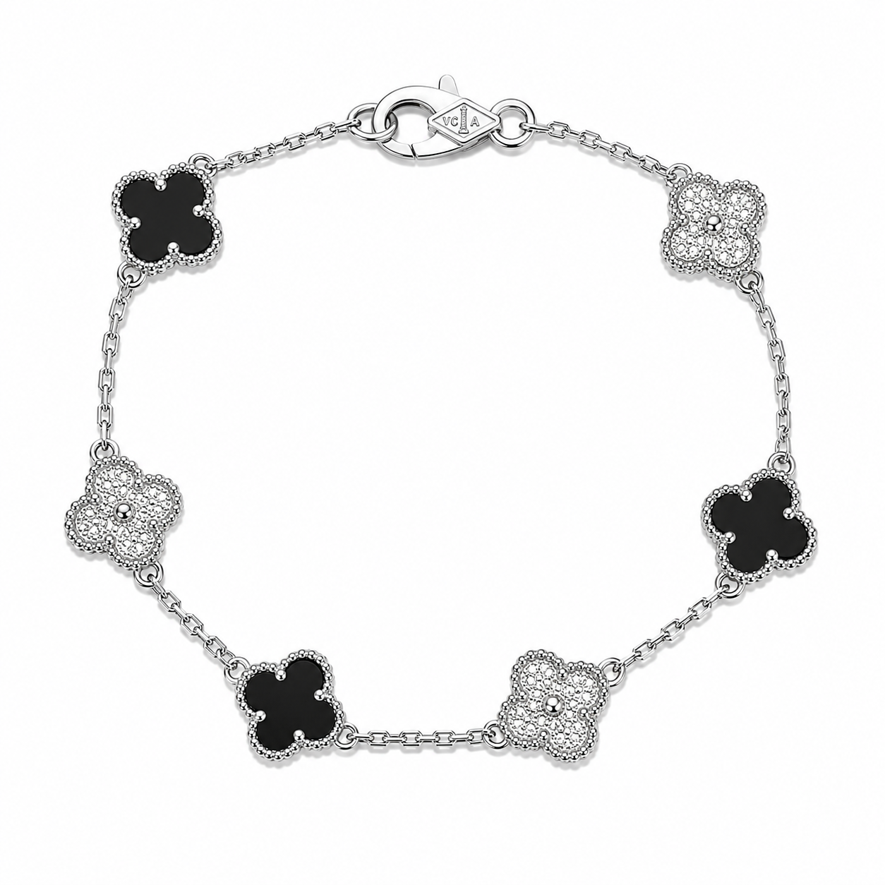 Pulsera Van Cleef Plateado y Negro Treboles Pequeños