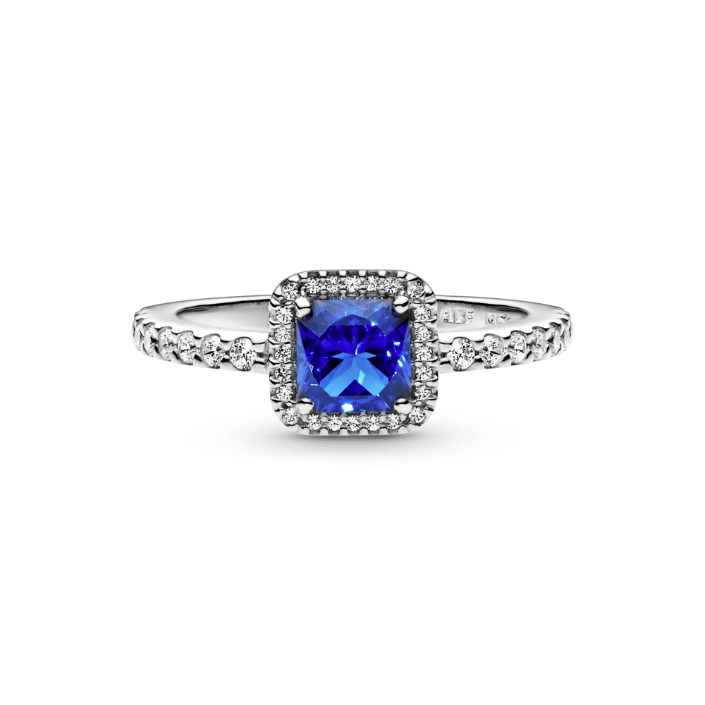 Anillo Cuadrado Azul con Halo Brillante Pandora Plata Esterlina