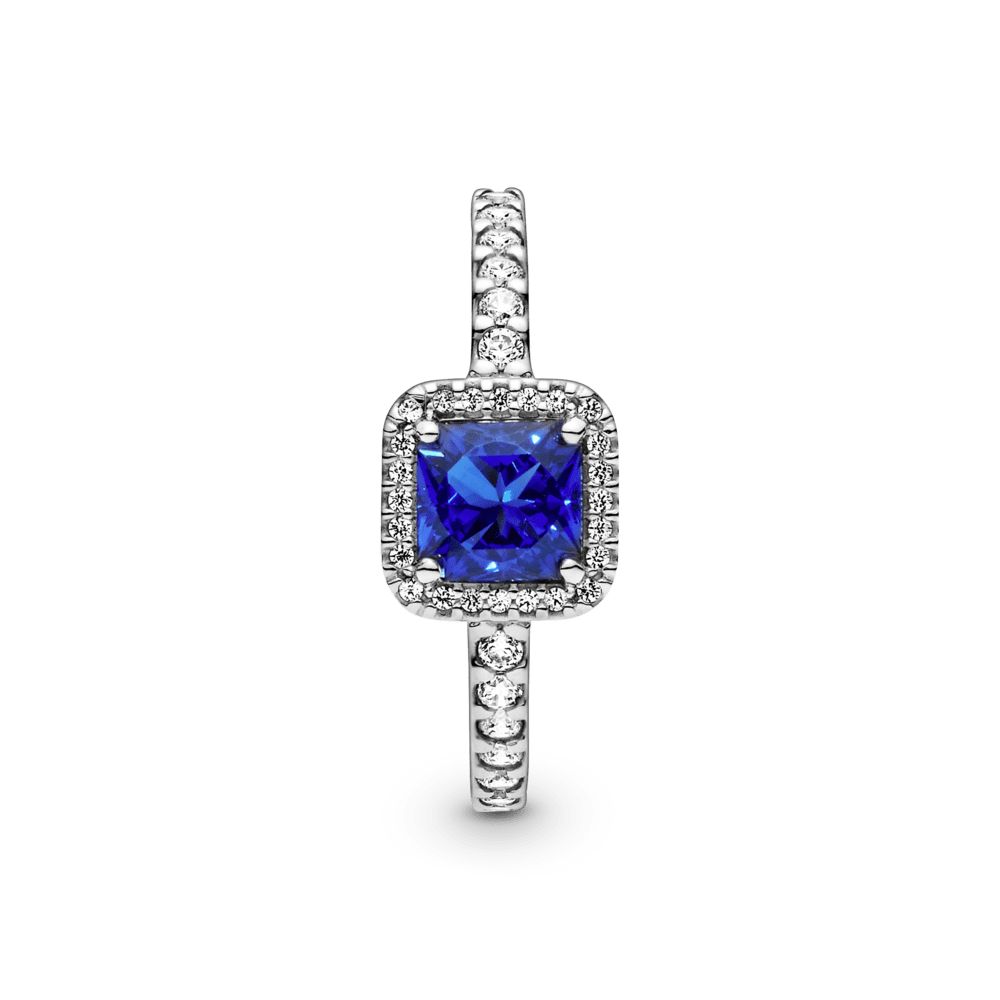 Anillo Cuadrado Azul con Halo Brillante Pandora Plata Esterlina