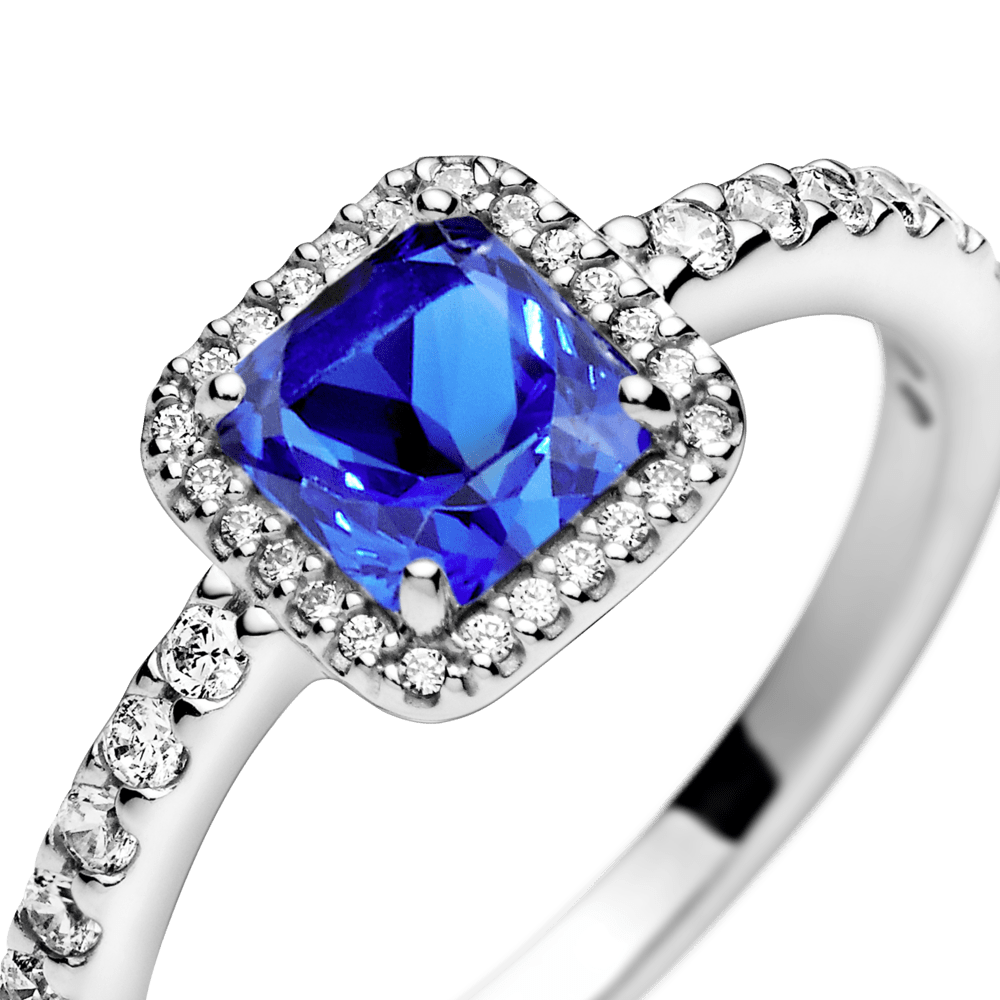 Anillo Cuadrado Azul con Halo Brillante Pandora Plata Esterlina