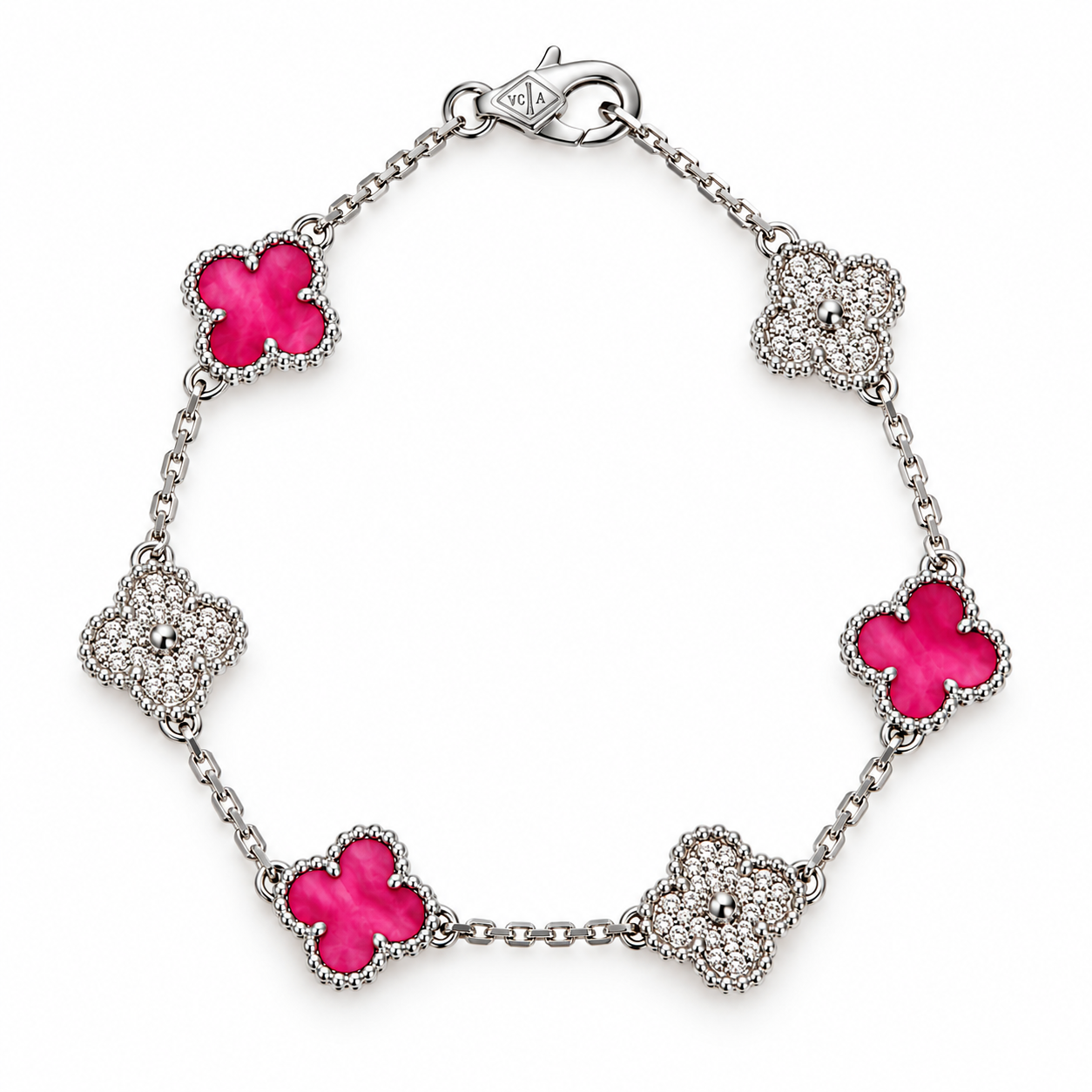 Pulsera Van Cleef Rosada Plateada Treboles Pequeños