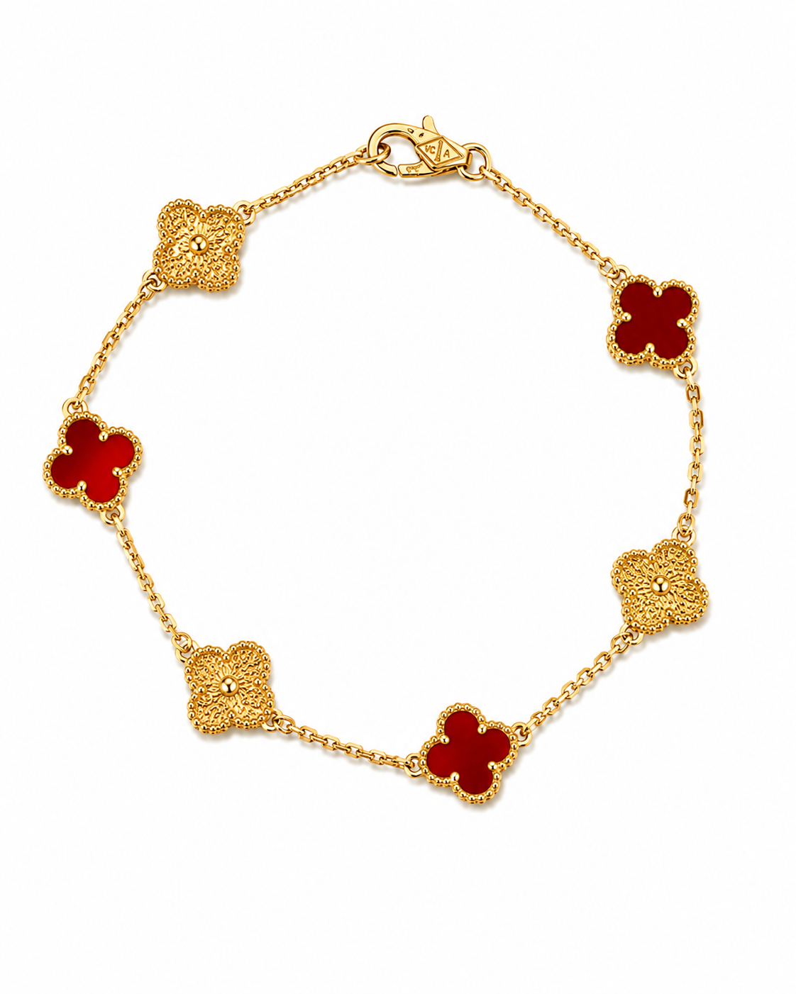 Pulsera Van Cleef Dorado y Rojo Treboles Pequeños