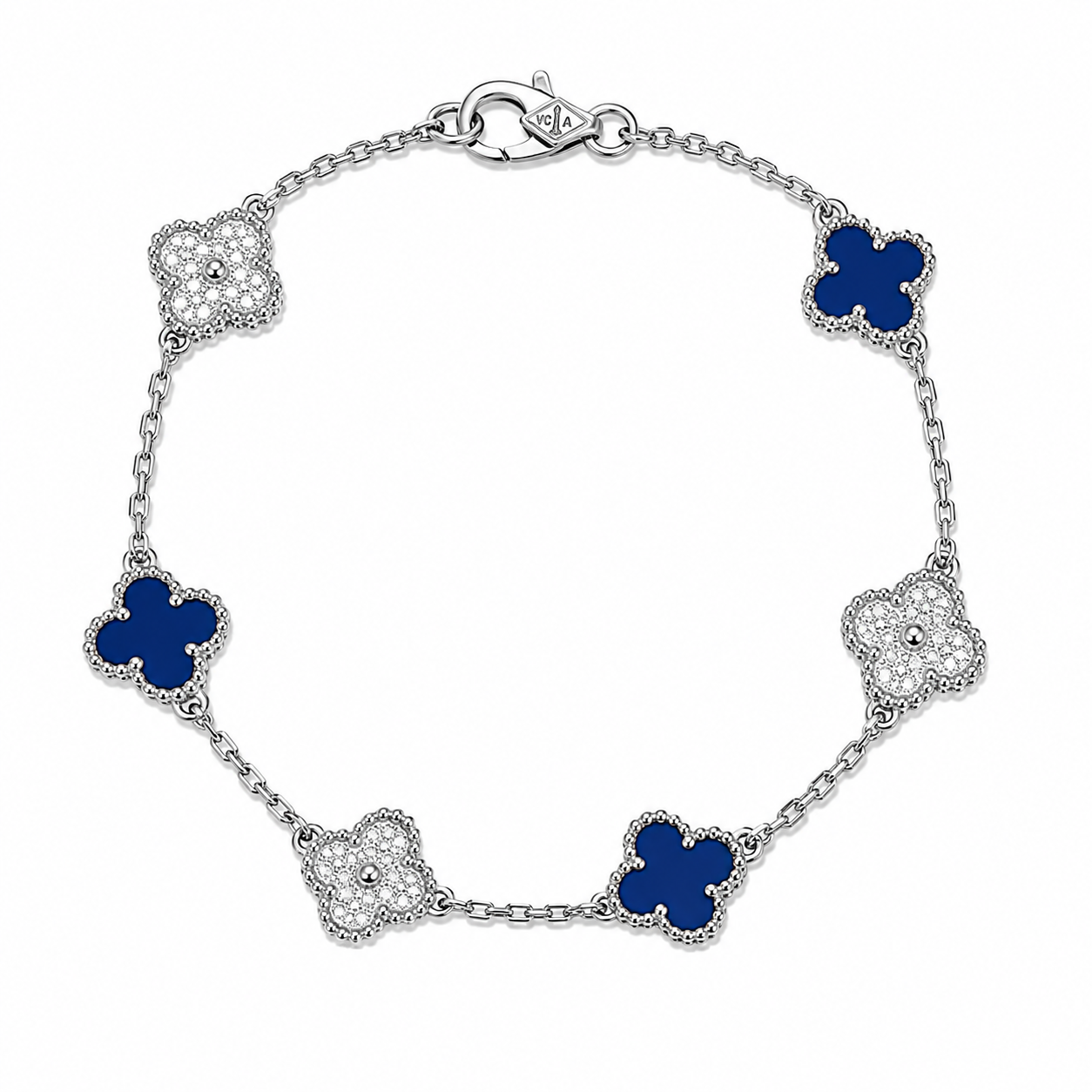 Pulsera Van Cleef Plateado y Azul Oscuro Treboles Pequeños