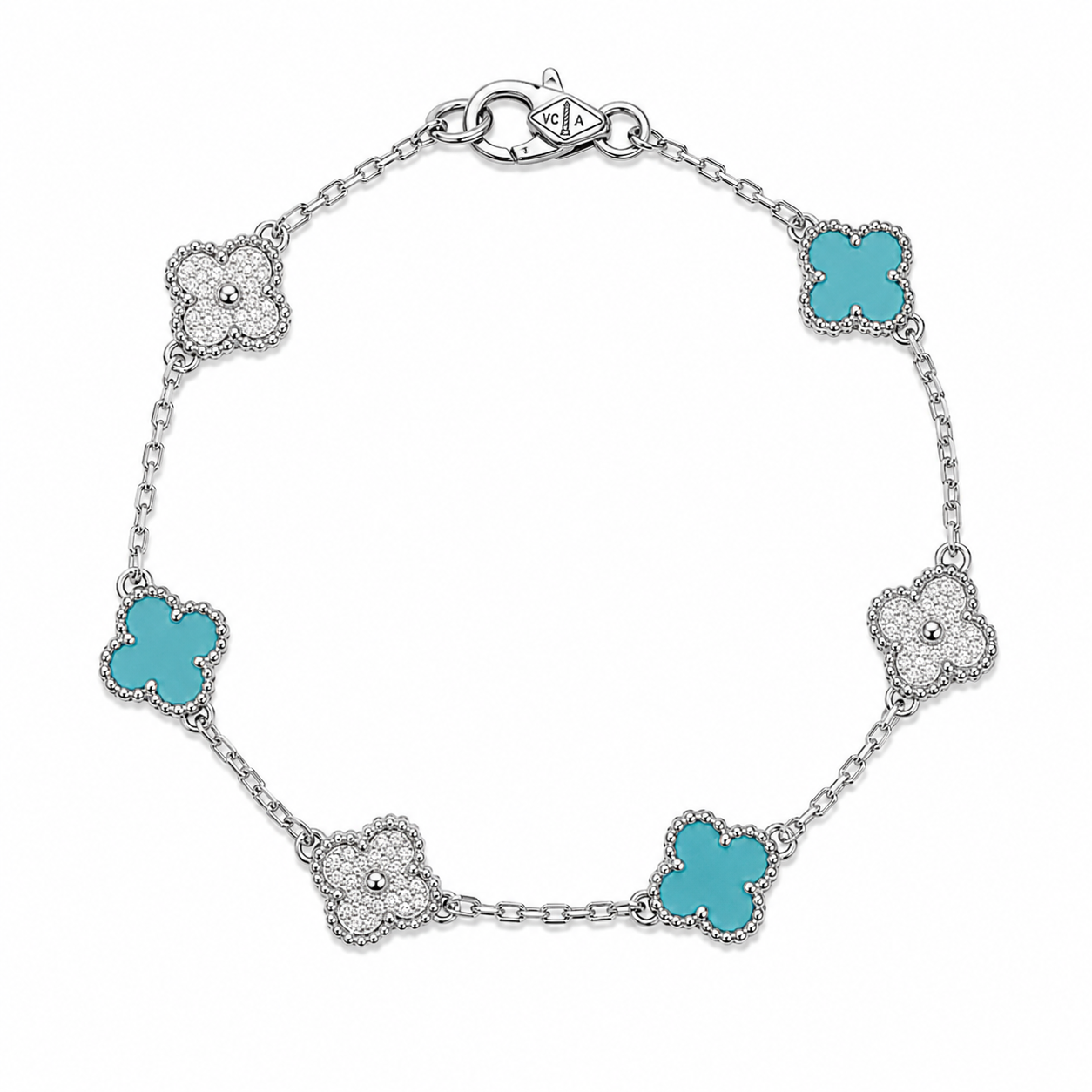 Pulsera Van Cleef Plateado y Azul Claro Treboles Pequeños