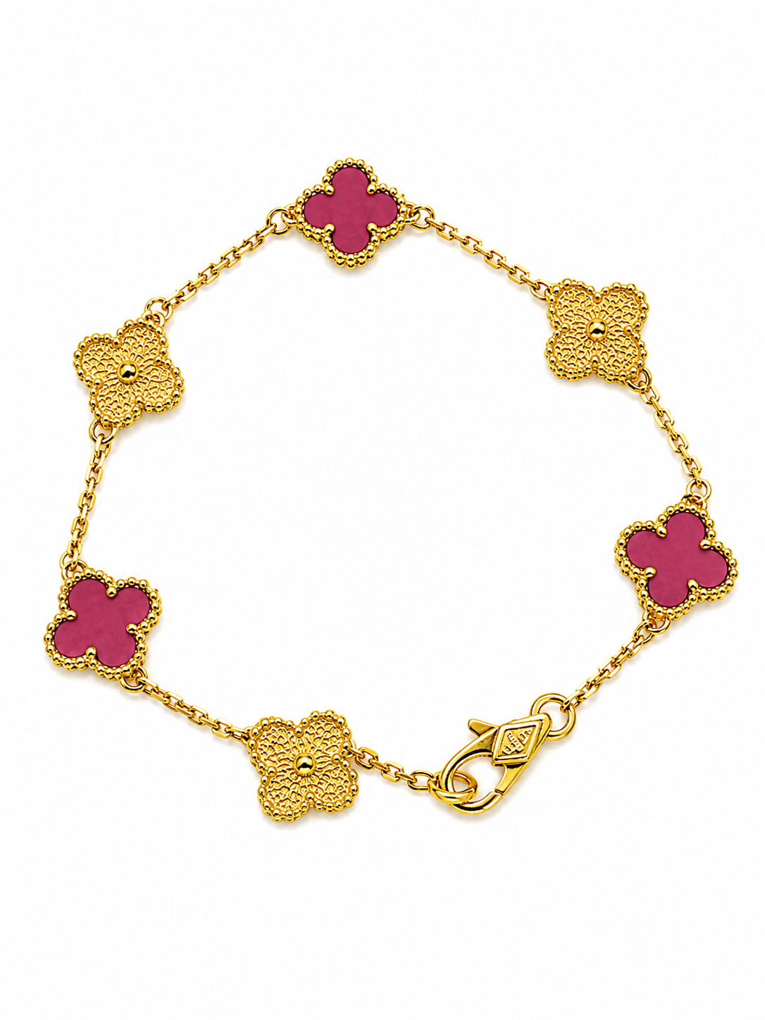 Pulsera Van Cleef Dorado y Rosado Oscuro Treboles Pequeños