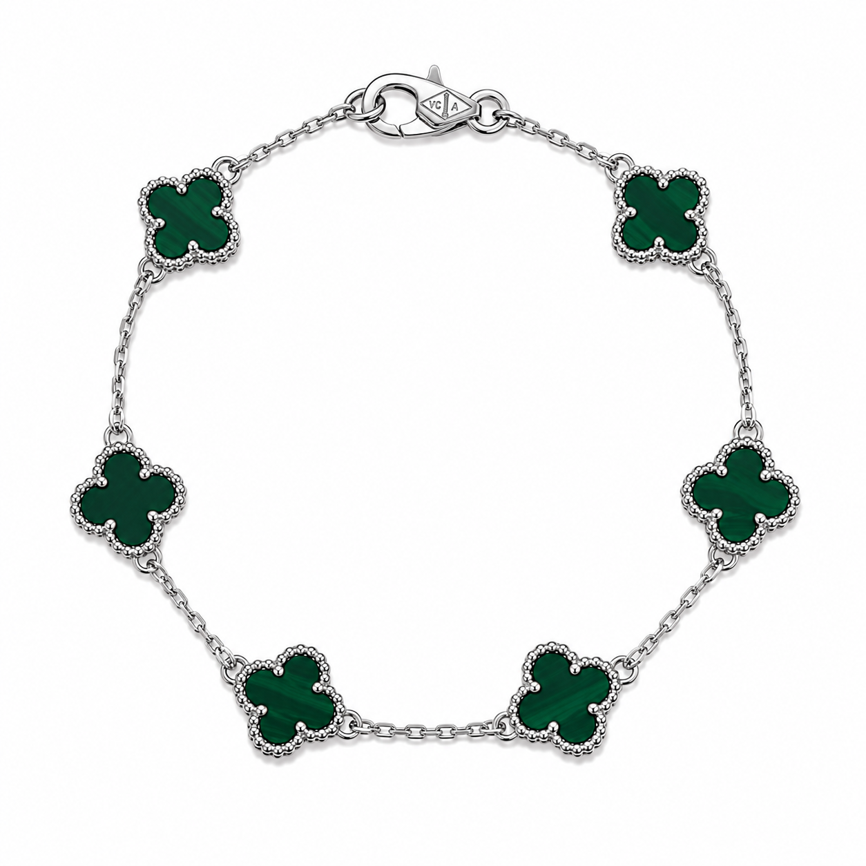 Pulsera Plateada Van Cleef Verde Treboles Pequeños