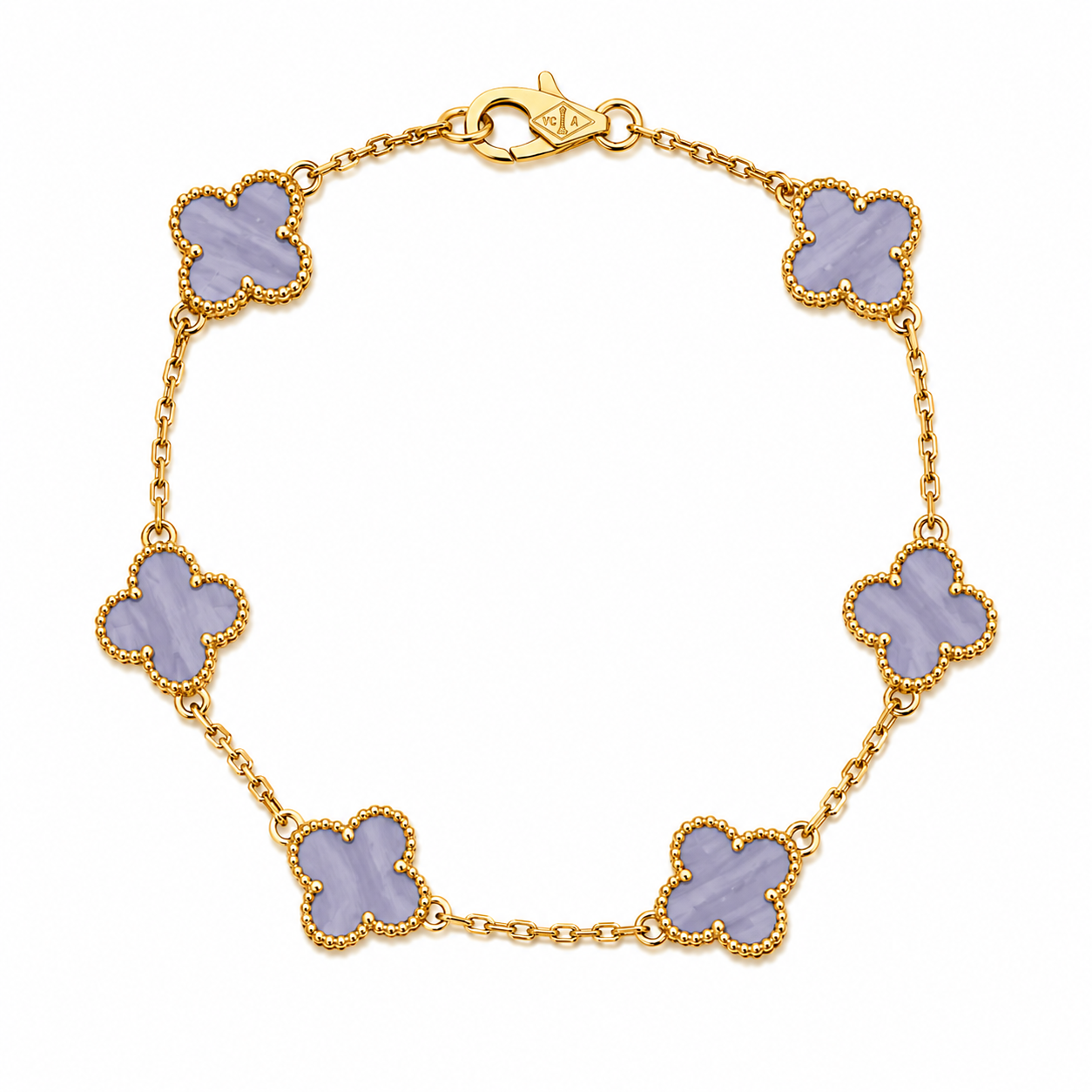 Pulsera Dorado Van Cleef Morado Claro Treboles Pequeños