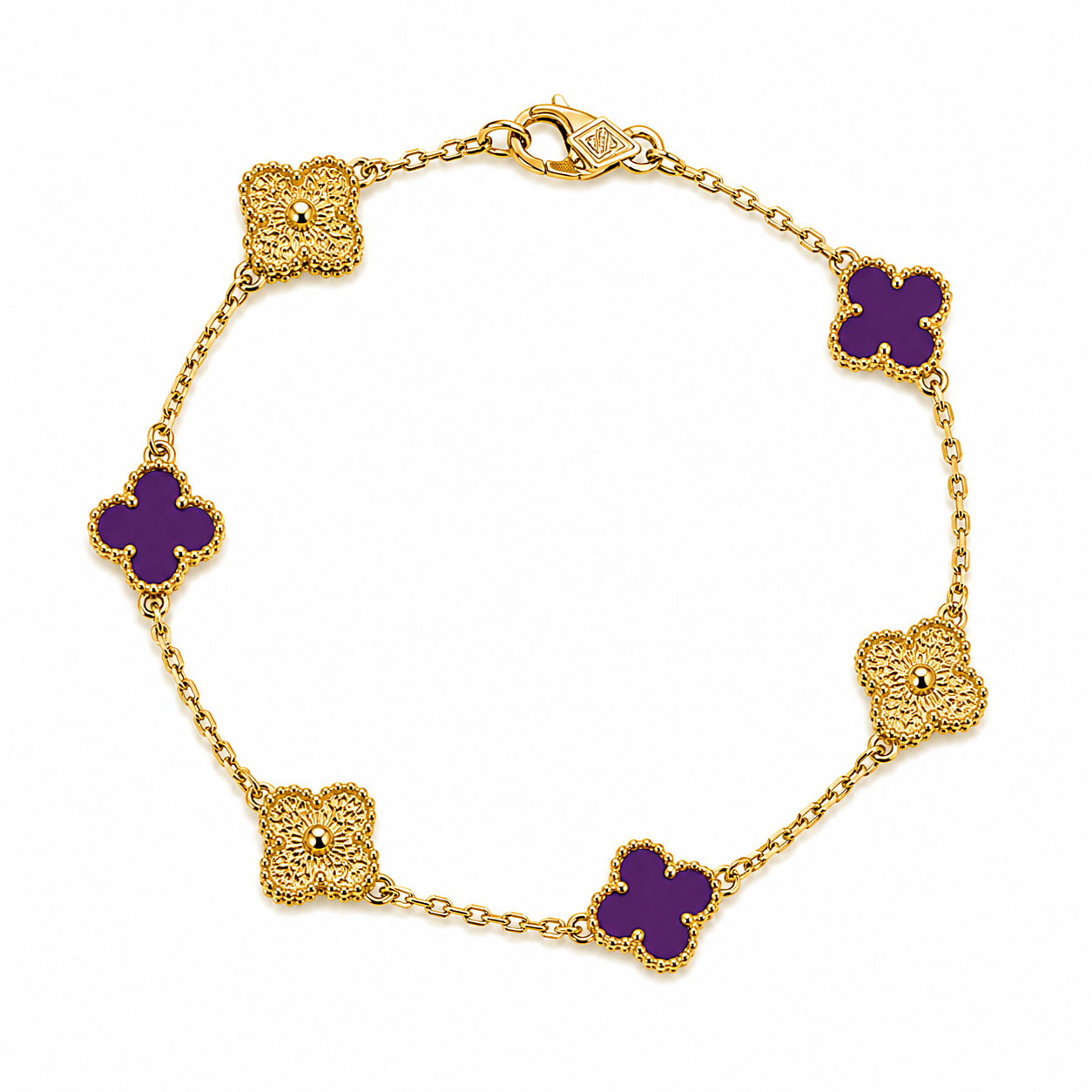 Pulsera Van Cleef Dorado y Morado Treboles Pequeños