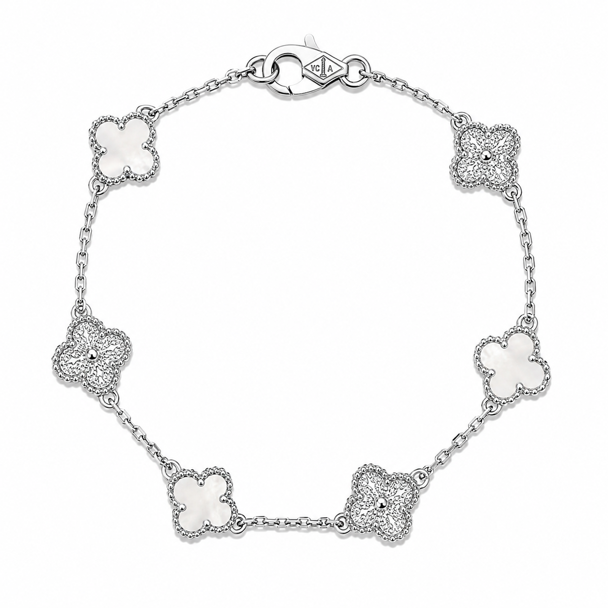 Pulsera Van Cleef Plateado y Blanco Treboles Pequeños