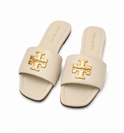 Sandalias Tory Burch Slide Beige con Logo Dorado