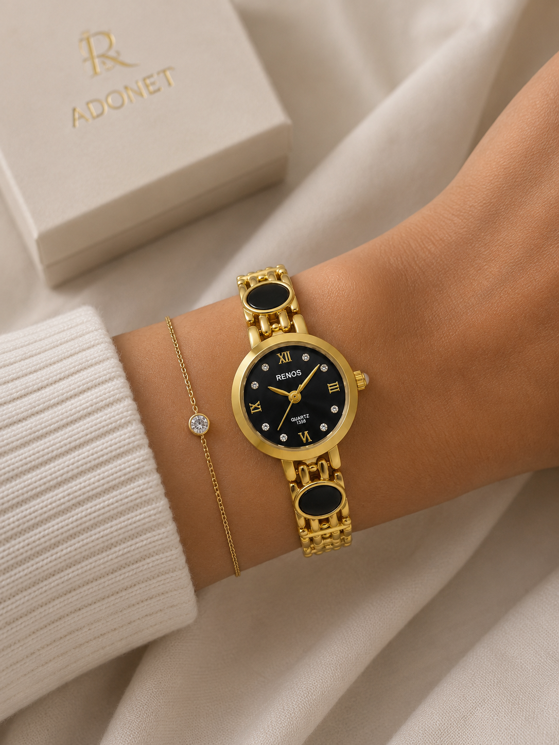 Reloj RENOS Redondo Con Gemas Negra