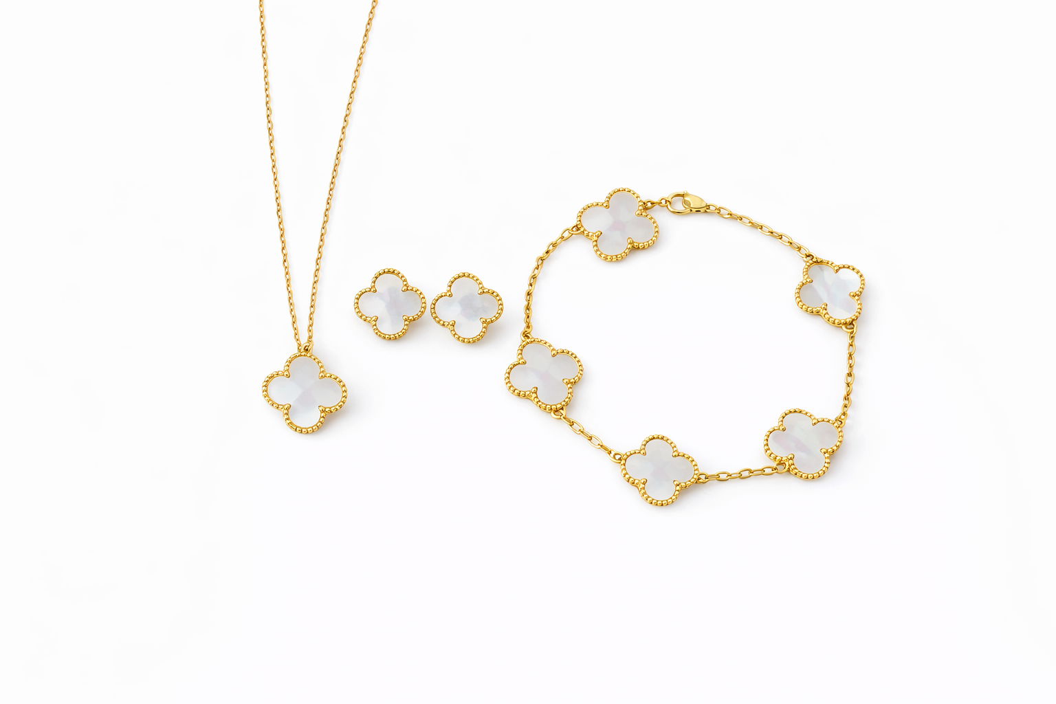 Conjunto Alhambra vintage Tréboles Blancos (Collar + Pulsera + Pendientes)