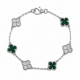 Pulsera Van Cleef Plateado y Verde Oscuro Treboles Pequeños
