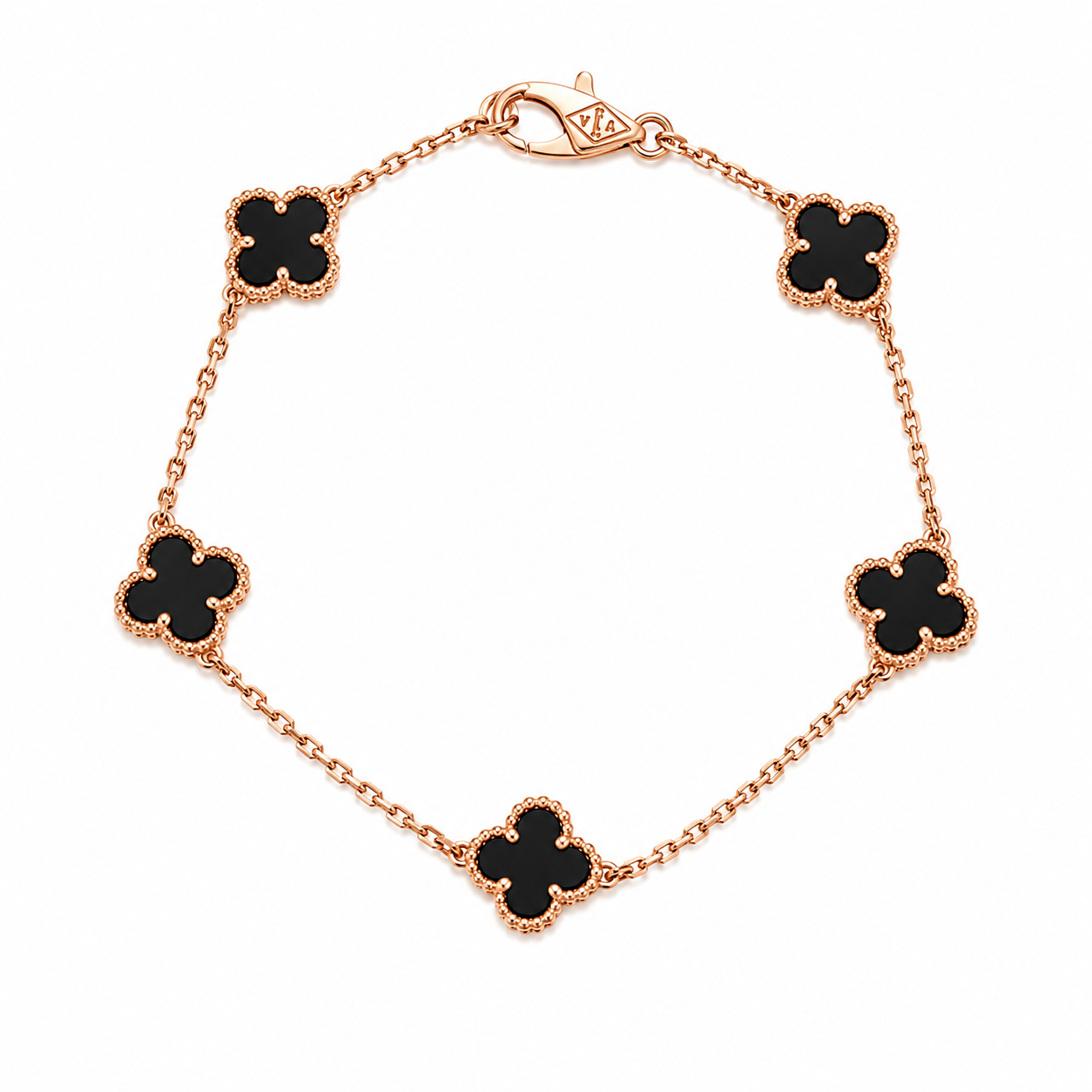 Pulsera Rose Gold Van Cleef Negro Treboles Pequeños