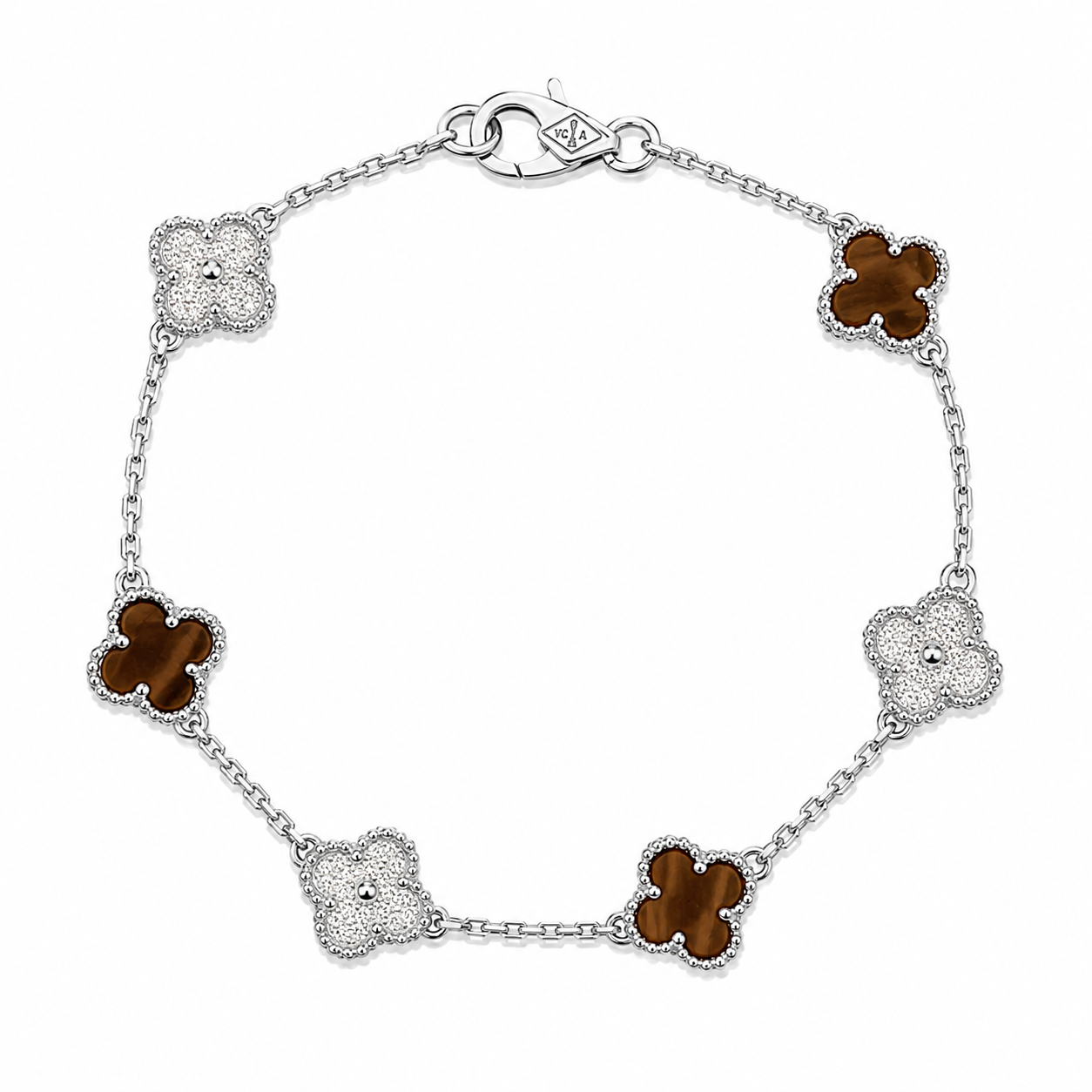 Pulsera Van Cleef Plateado y Marron Treboles Pequeños