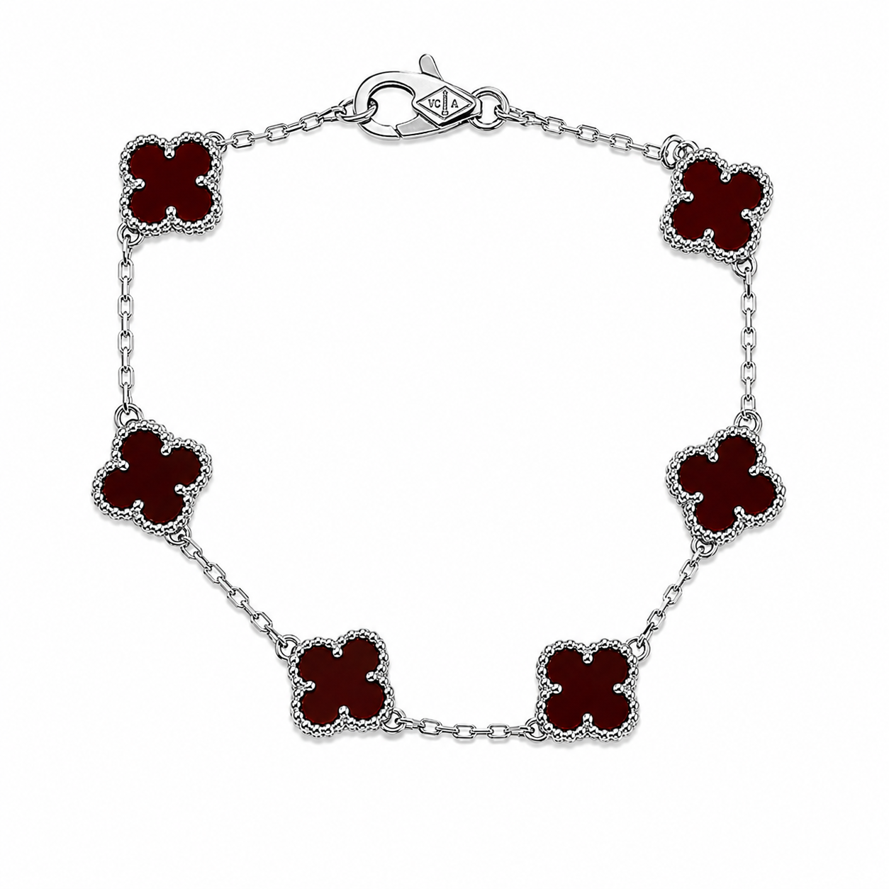 Pulsera Plateada Van Cleef Rojo Oscuro Treboles Pequeños