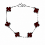 Pulsera Plateada Van Cleef Rojo Oscuro Treboles Pequeños
