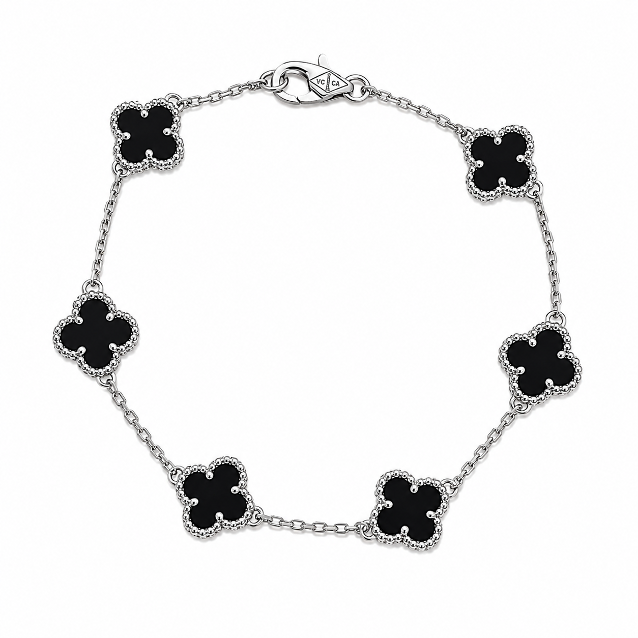 Pulsera Plateada Van Cleef Negro Treboles Pequeños
