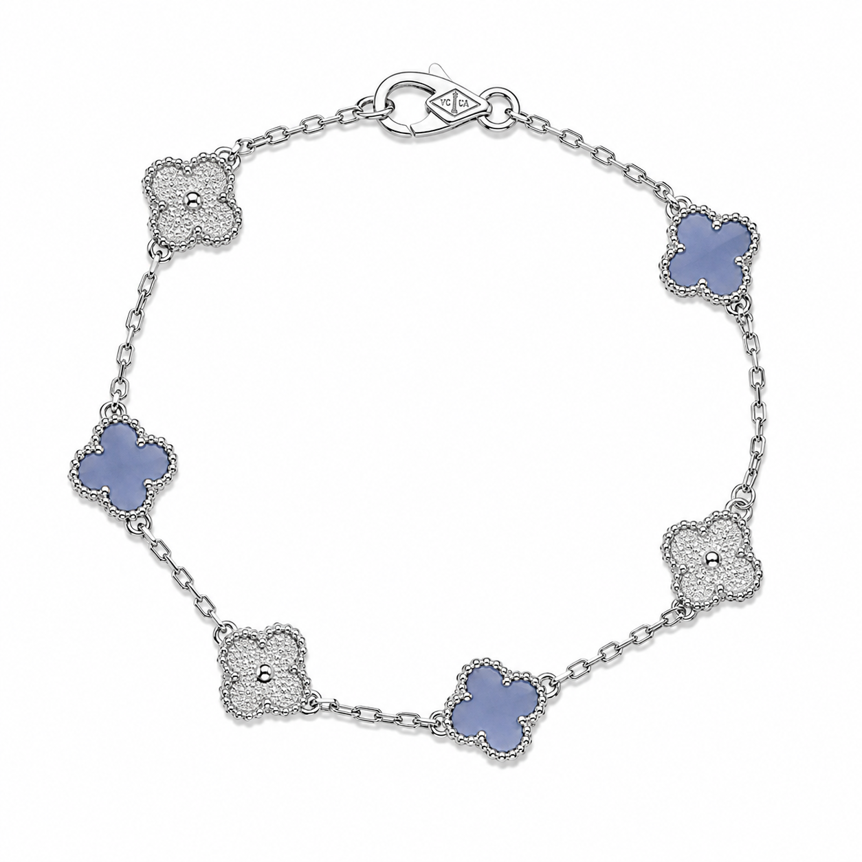 Pulsera Van Cleef Plateado y Morado Claro Treboles Pequeños