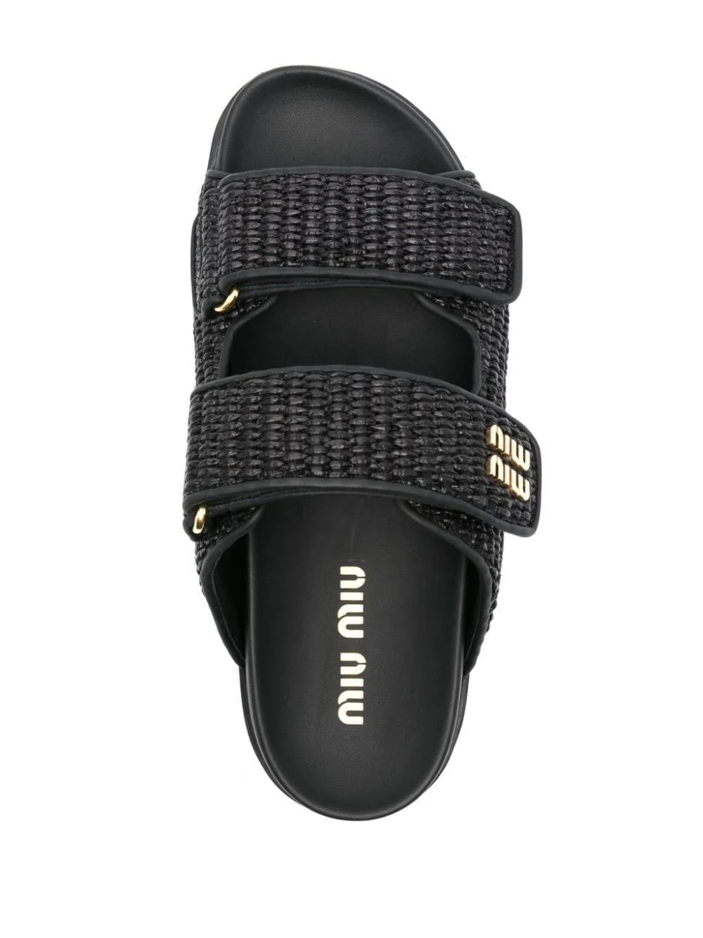 Sandalias Miu Miu Negras de Doble Correa con Logo Dorado
