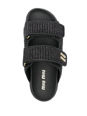 Sandalias Miu Miu Negras de Doble Correa con Logo Dorado