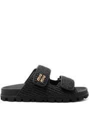 Sandalias Miu Miu Negras de Doble Correa con Logo Dorado